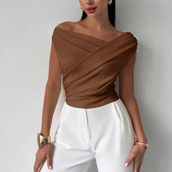 Elegant White Off-Shoulder Asymmetrical Neck Blouse
